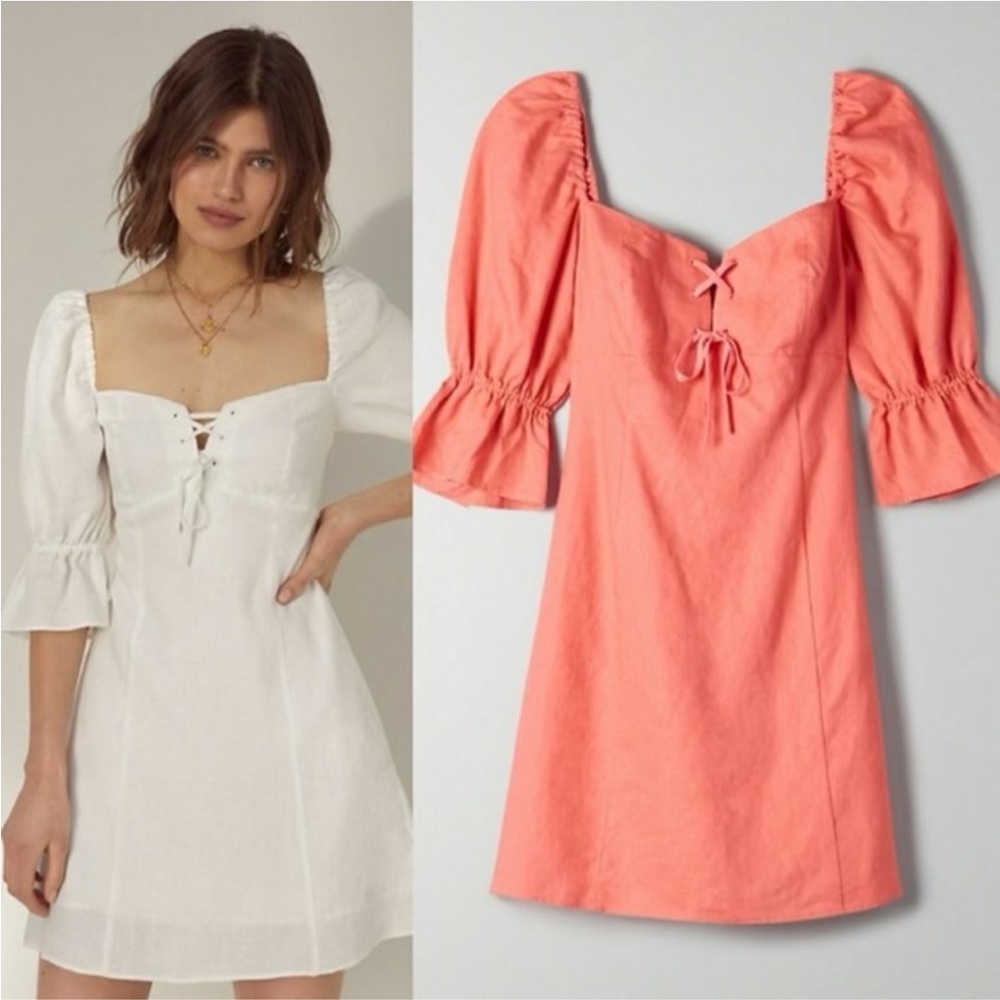 Aritzia Wilfred Stanza Dress Linen Puff Sleeve Mini Dress Coral Pink - XS
